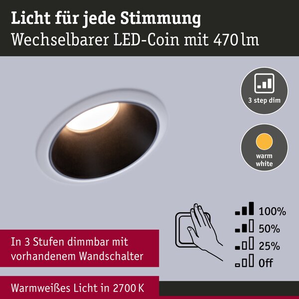 Paulmann 93402 Cole Coin, set bodovek v bílo-černé úpravě, 3x6W LED 2700K tříkrokové stmívání, prům. 8,8cm, IP44