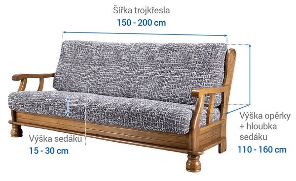 Bielastické potahy GRAFITI NOVÉ antracit trojkřeslo s dřevěnými rukojeťmi (š. 150 - 200 cm)