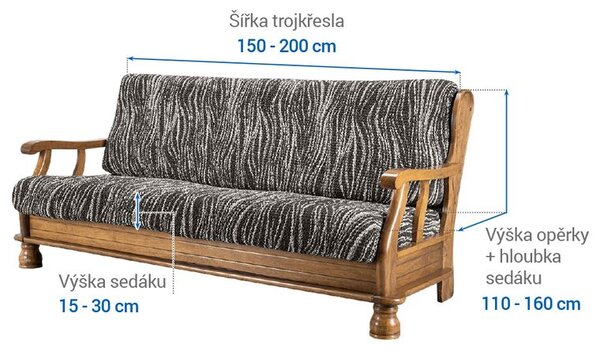 Bielastické potahy UNIVERSO NOVÉ žíhané černobílé trojkřeslo s dřevěnými rukojeťmi (š. 150 - 200 cm)