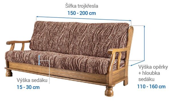 Bielastické potahy UNIVERSO NOVÉ žíhané hnědé trojkřeslo s dřevěnými rukojeťmi (š. 150 - 200 cm)
