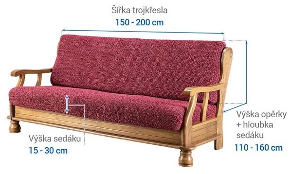Bielastické potahy VITTORIA bordó trojkřeslo s dřevěnými rukojeťmi (š. 150 - 200 cm)