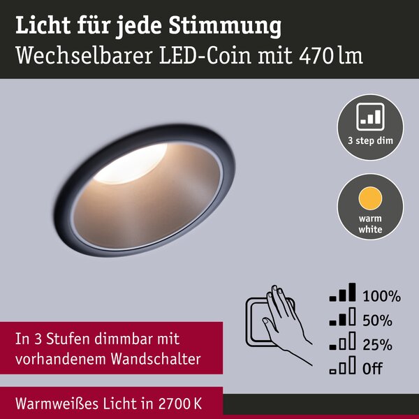 Paulmann 93408 Cole Coin, set bodovek v černo-stříbrné úpravě, 3x6W LED 2700K tříkrokové stmívání, prům. 8,8cm, IP44