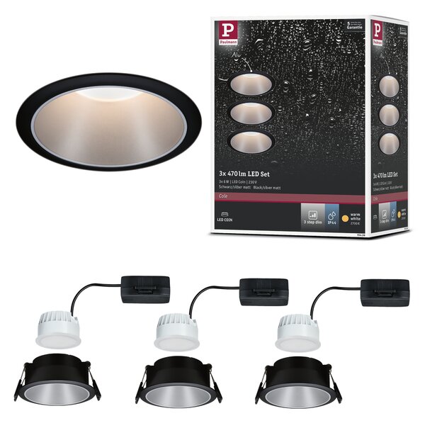Paulmann 93408 Cole Coin, set bodovek v černo-stříbrné úpravě, 3x6W LED 2700K tříkrokové stmívání, prům. 8,8cm, IP44