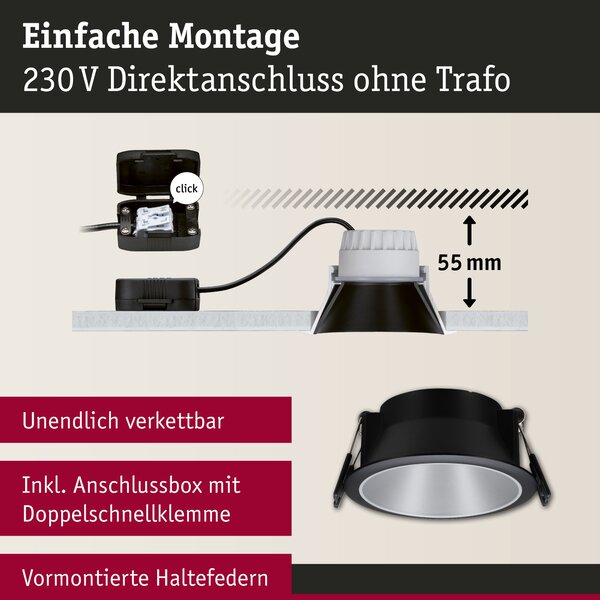 Paulmann 93408 Cole Coin, set bodovek v černo-stříbrné úpravě, 3x6W LED 2700K tříkrokové stmívání, prům. 8,8cm, IP44