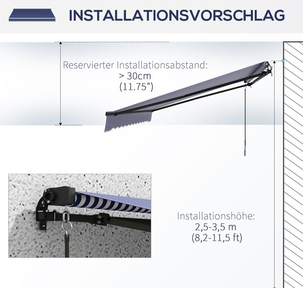Skládací balkonová markýza Outsunny s ručním kličkou, 400 x 300 cm, UV30+ sluneční markýza s úhlem 45-85°, voděodolná markýza pro balkon, nástěnná úpr