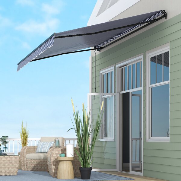 Skládací balkonová markýza Outsunny s ručním kličkou, 400 x 300 cm, UV30+ sluneční markýza s úhlem 45-85°, voděodolná markýza pro balkon, nástěnná úpr