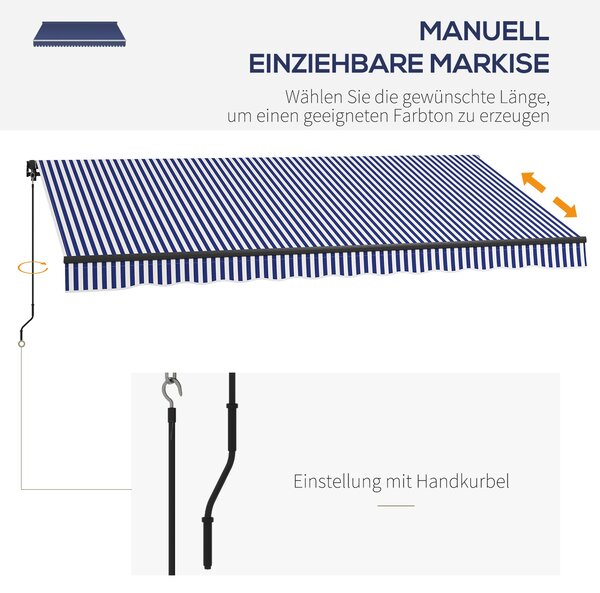 Skládací balkonová markýza Outsunny s ručním kličkou, 400 x 300 cm, UV30+ sluneční markýza s úhlem 45-85°, voděodolná markýza pro balkon, nástěnná úpr