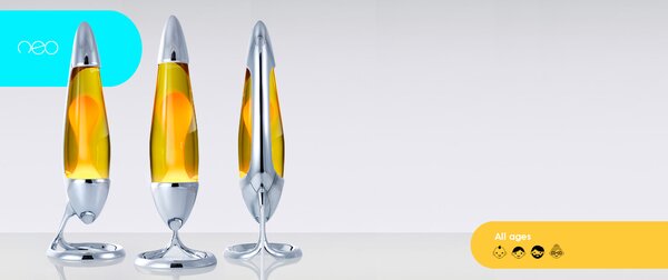 Mathmos Neo, originální lávová lampa, 1x20W, stříbrná se žlutou tekutinou a oranžovou lávou, výška 42cm