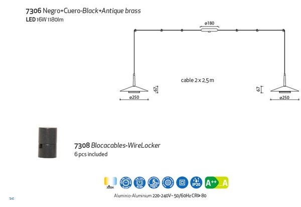 Mantra 7306 Orion, moderní černé svítidlo s mosaznými prvky LED 2 x 8W 1180lm 3000K, průměr 25cm