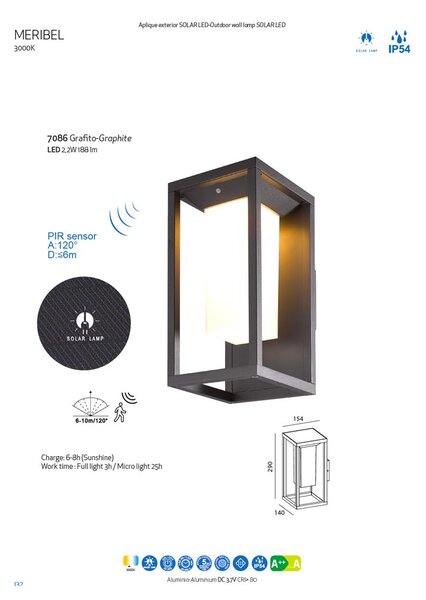 Mantra 7086 Meribel, solární grafitová nástěnná lampa, LED 2,2W 188 lm 3000K, se senzorem výška 29cm, IP54