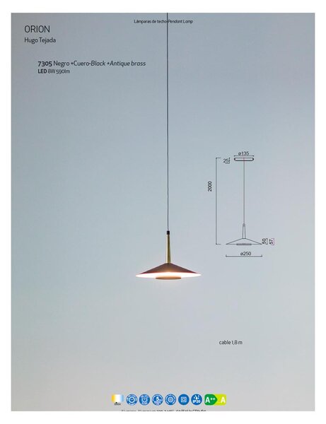 Mantra 7305 Orion, moderní černé svítidlo s mosaznými prvky LED 8W 590lm 3000K, průměr 25cm