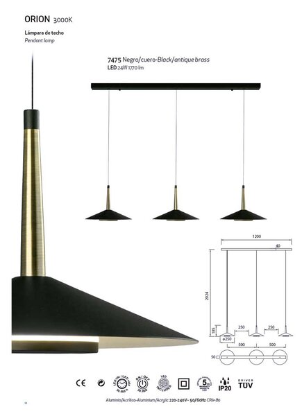 Mantra 7475 Orion, moderní černé svítidlo s mosaznými prvky, LED 3x8W 1770lm 3000K, šířka 100cm