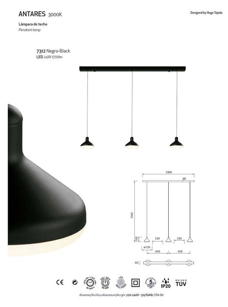 Mantra 7312 Sirio, moderní černé svítidlo se třemi závěsy LED 3x8W 1770lm 3000K, šířka 100cm