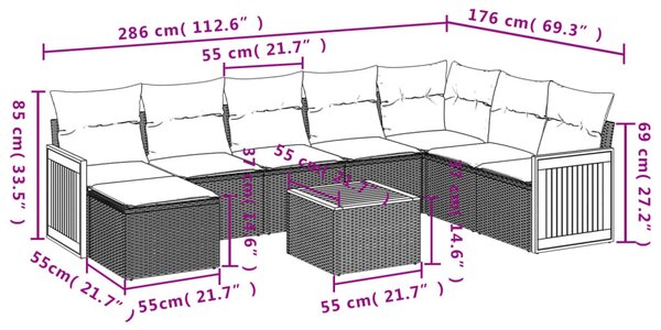 9dílná zahradní sedací souprava s poduškami šedá polyratan 3260338