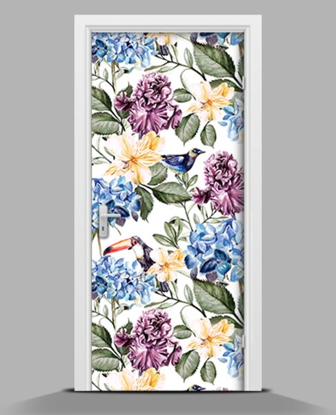 Samolepící tapeta na dveře Barevné květiny a tukany wallmur-pl-f-119136567