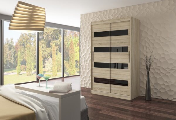 ADRK Šatní skříň posuvná MARTINEZ S-BL 150, dub sonoma/černý Lacobel
