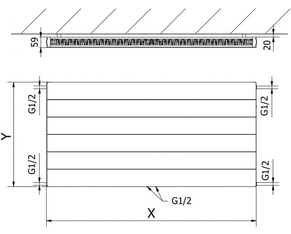Mexen Line CCL11 deskový radiátor 300 x 1400 mm, spodní středové připojení, 637 W, černý - W6C11L-030-140-70