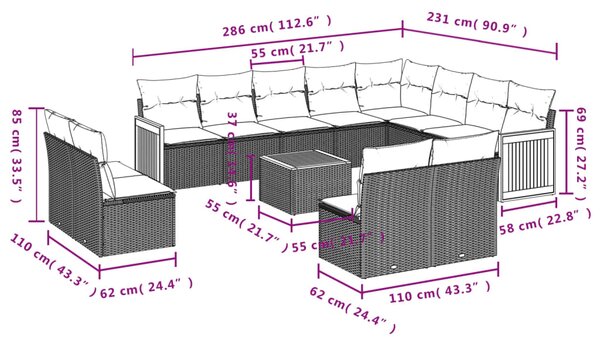 13dílná zahradní sedací souprava s poduškami béžová polyratan 3260561