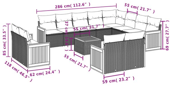 13dílná zahradní sedací souprava s poduškami šedá polyratan 3260604