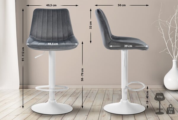 2x Barová židle Toni - samet, bílý rám - Tmavě šedá