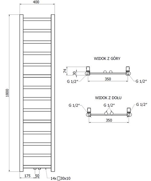 Mexen Bolt, topné těleso 1800 x 400 mm, 406 W, spodní a středové, černá, W126-1800-400-00-70