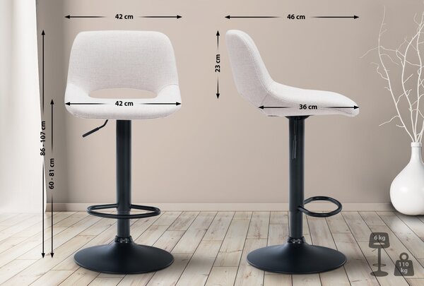 2x Barová židle Camden - látka, černý rám - Krémová