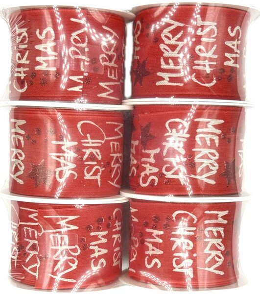 Set 6ks Vánoční látková stuha MERRY CHRISTMAS RED červená 40mm x 2m (5,-Kč/m)