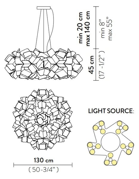 Slamp Clizia Mama Non Mama 130 gold, designové svítidlo s červeným kabelem, 15x12W E27, prům. 130cm