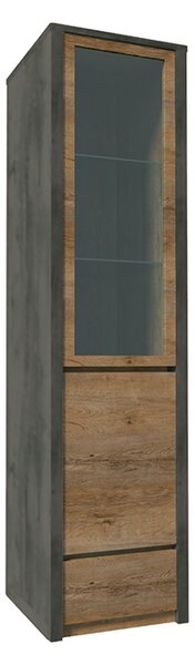 Vitrína, dub lefkas tmavý/smooth šedý, MONTANA W1D, 50 x 43 x 197 cm,, dub, dřevotříska