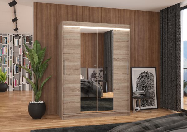 ADRK Šatní zrcadlová skříň posuvná s LED osvětlením INESS T 150 L, truffle