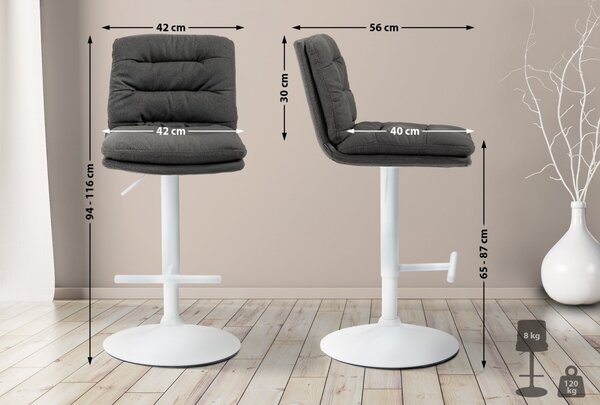 2x Barová židle Damar - látka, bílý rám - tmavě šedá