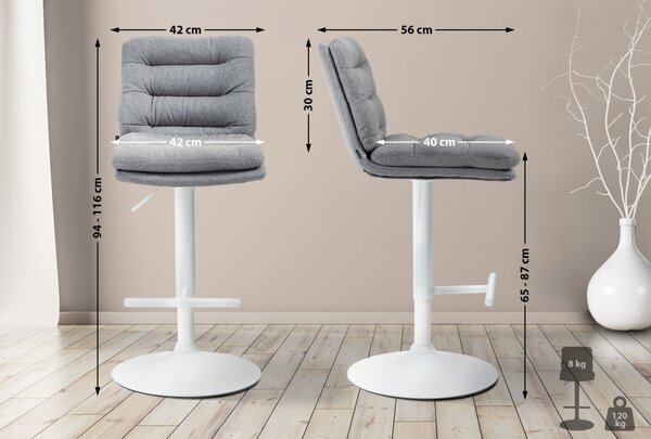 2x Barová židle Damar - látka, bílý rám - šedá