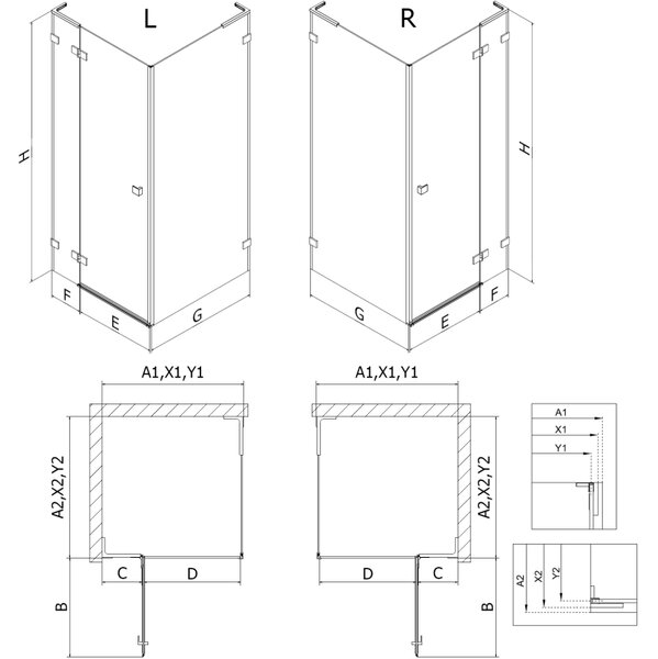 Mexen Lunar, L sklápěcí sprchový kout levý 90 x 90 cm, 8mm čiré sklo, černý profil, 834L-090-090-70-00-L