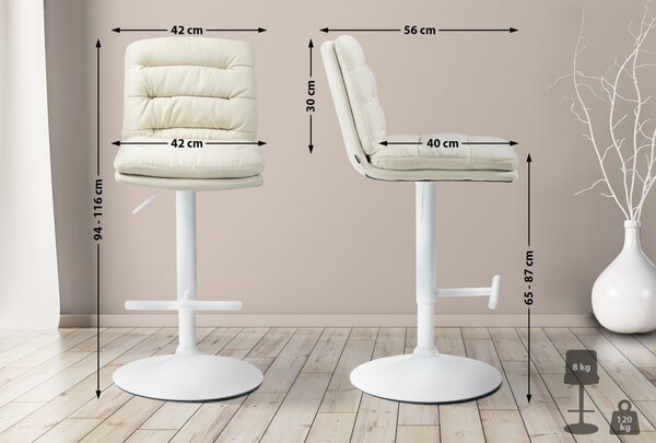 2x Barová židle Damar - látka, bílý rám - krémová
