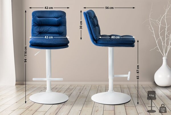 2x Barová židle Damar - samet, bílý rám - blue
