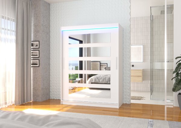 ADRK Šatní zrcadlová skříň posuvná s LED osvětlením MURANI W 150 L, bílá