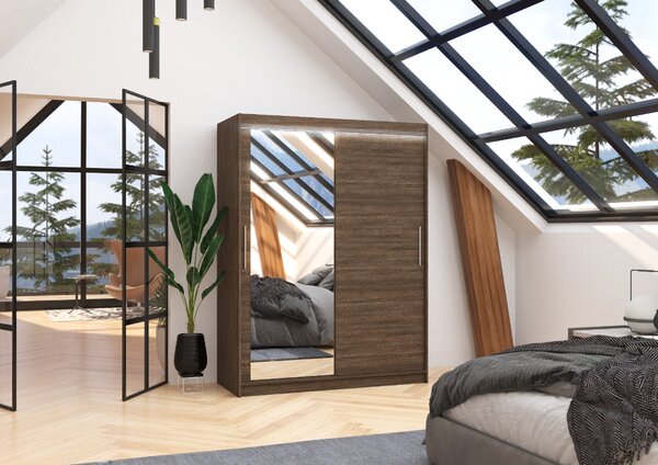 ADRK Šatní zrcadlová skříň posuvná s LED osvětlením BIANCO CH 150 L, choco