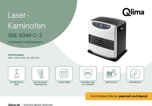 Qlima SRE 9046 C Sálavé topné těleso - 75m³ - Objem 5l - Dětská pojistka, ochrana proti překlopení, ochrana proti mrazu a senzor CO - Bílá/černá - Topné těleso | Laserové topné těleso