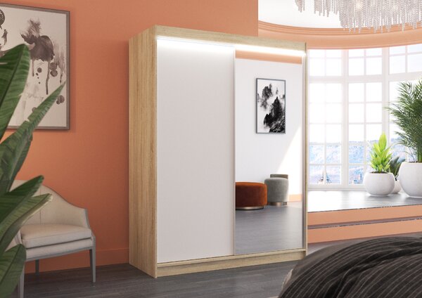 ADRK Šatní zrcadlová skříň posuvná s LED osvětlením JORDI S-W 150 L, bílá/dub sonoma
