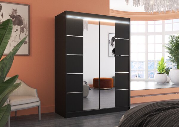 ADRK Šatní zrcadlová skříň posuvná s LED osvětlením NORDIC B 150 L, černá