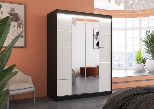 ADRK Šatní zrcadlová skříň posuvná s LED osvětlením NORDIC B-W 150 L, bílá/černá