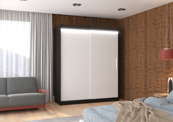 ADRK Šatní skříň posuvná s LED osvětlením LINCOLN B-W 180 L, bílá/černá