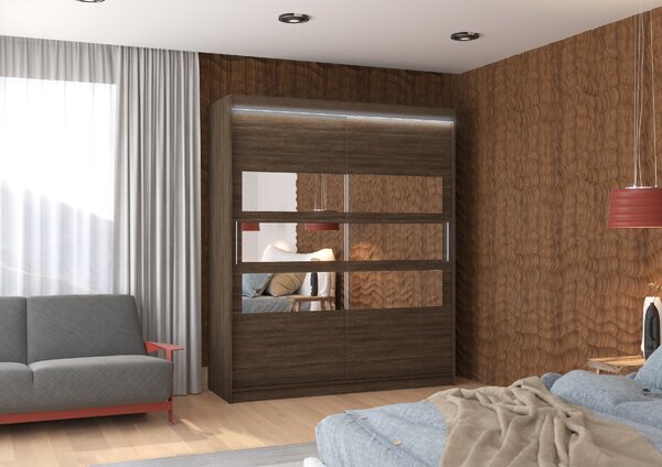 ADRK Šatní zrcadlová skříň posuvná s LED osvětlením TOLEDO CH 180 L, choco