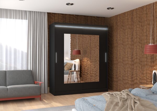 ADRK Šatní zrcadlová skříň posuvná s LED osvětlením ROSETTE B 180 L, černá