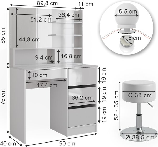 Toaletní stolek Vicco Sherry Bílá 90 cm s osvětlením LED, stoličkou a zrcadlovou policí, Model 41298