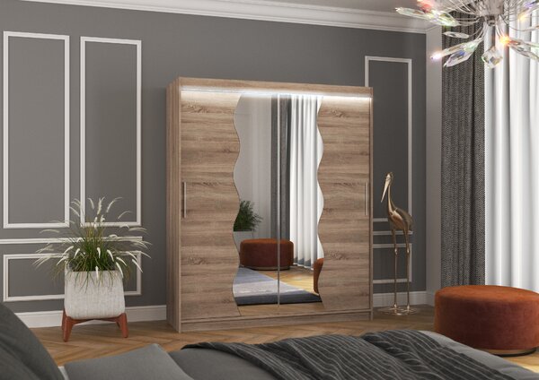 ADRK Šatní zrcadlová skříň posuvná s LED osvětlením KANSAS T 180 L, truffle