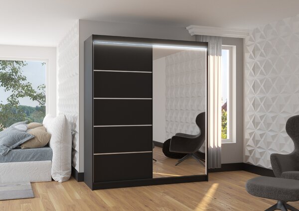 ADRK Šatní zrcadlová skříň posuvná s LED osvětlením CARO B 180 L, černá