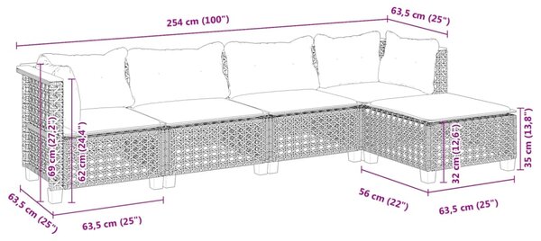 5dílná zahradní sedací souprava s poduškami černá polyratan 3261788
