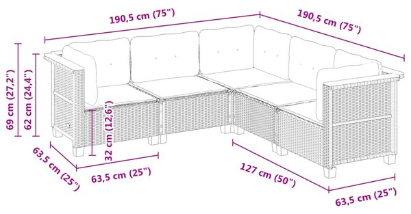 5dílná zahradní sedací souprava s poduškami černá polyratan 3261821