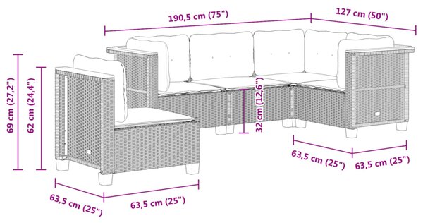 5dílná zahradní sedací souprava s poduškami černá polyratan 3261833